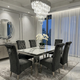 Sofia Cream Marble Dining Table with Sofia Mink Lion Knocker Chairs