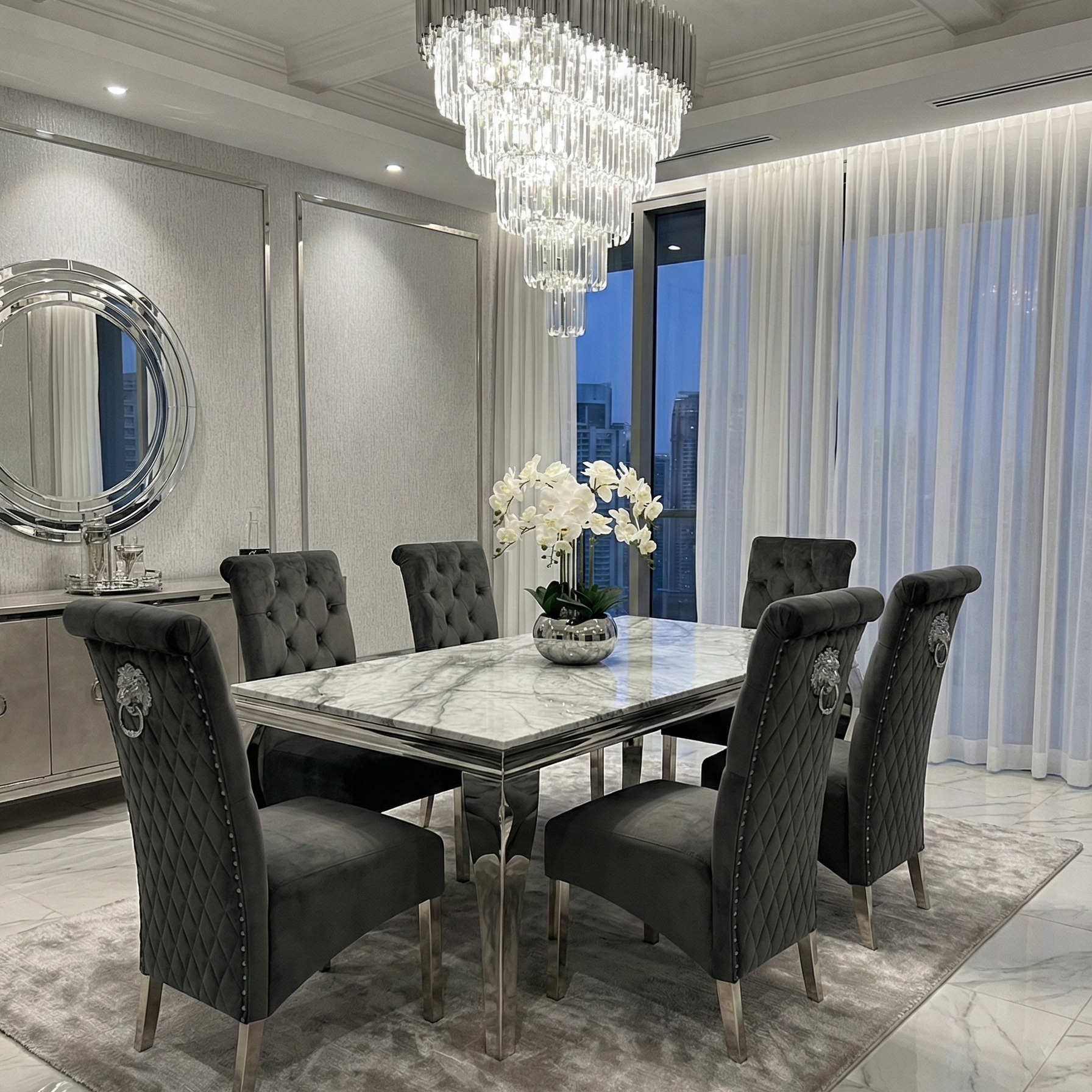 Sofia Grey Marble Dining Table with Sofia Lion Knocker Chairs
