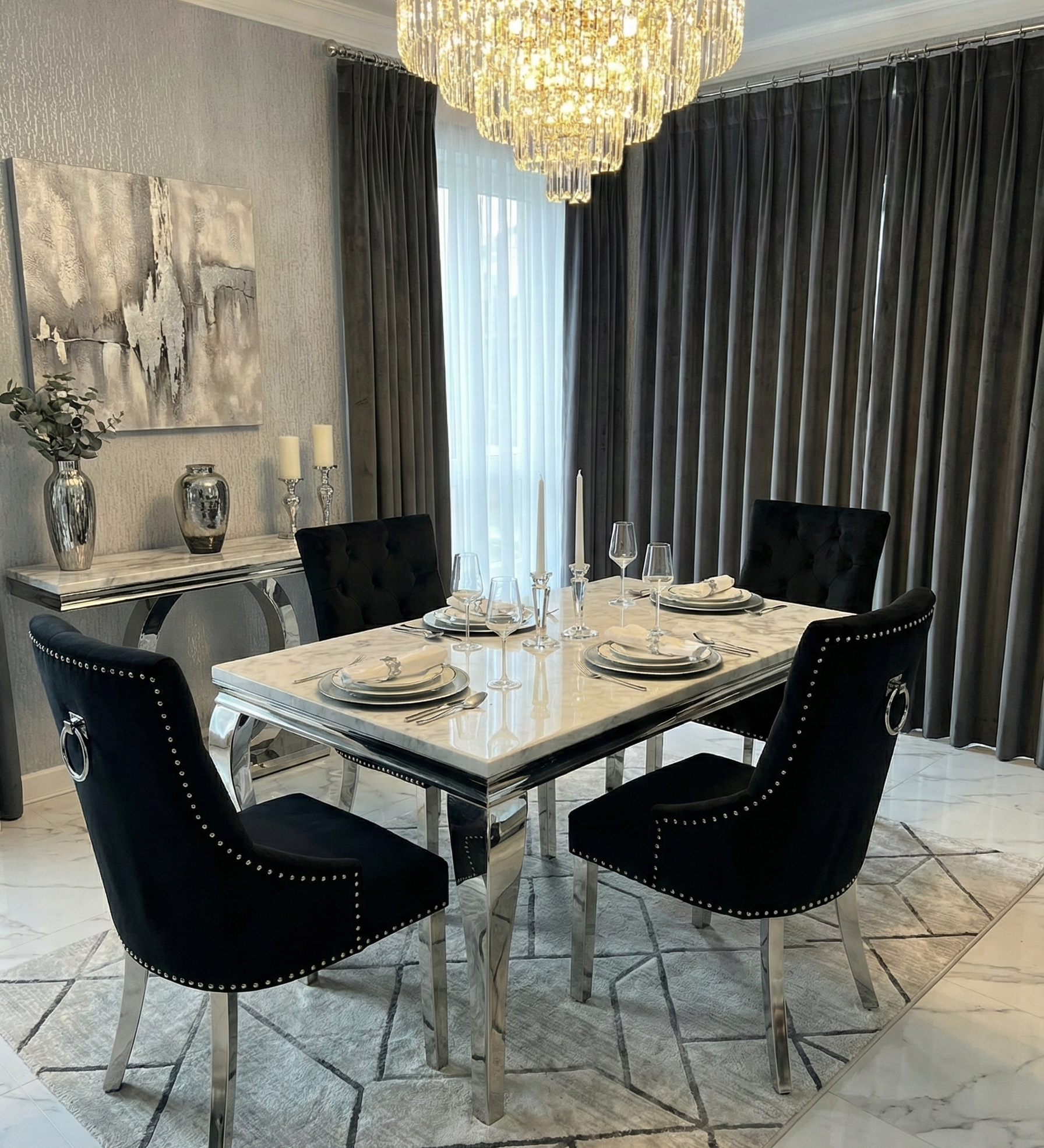 Sofia Cream Marble Dining Table with Valencia Ring Knocker Chairs