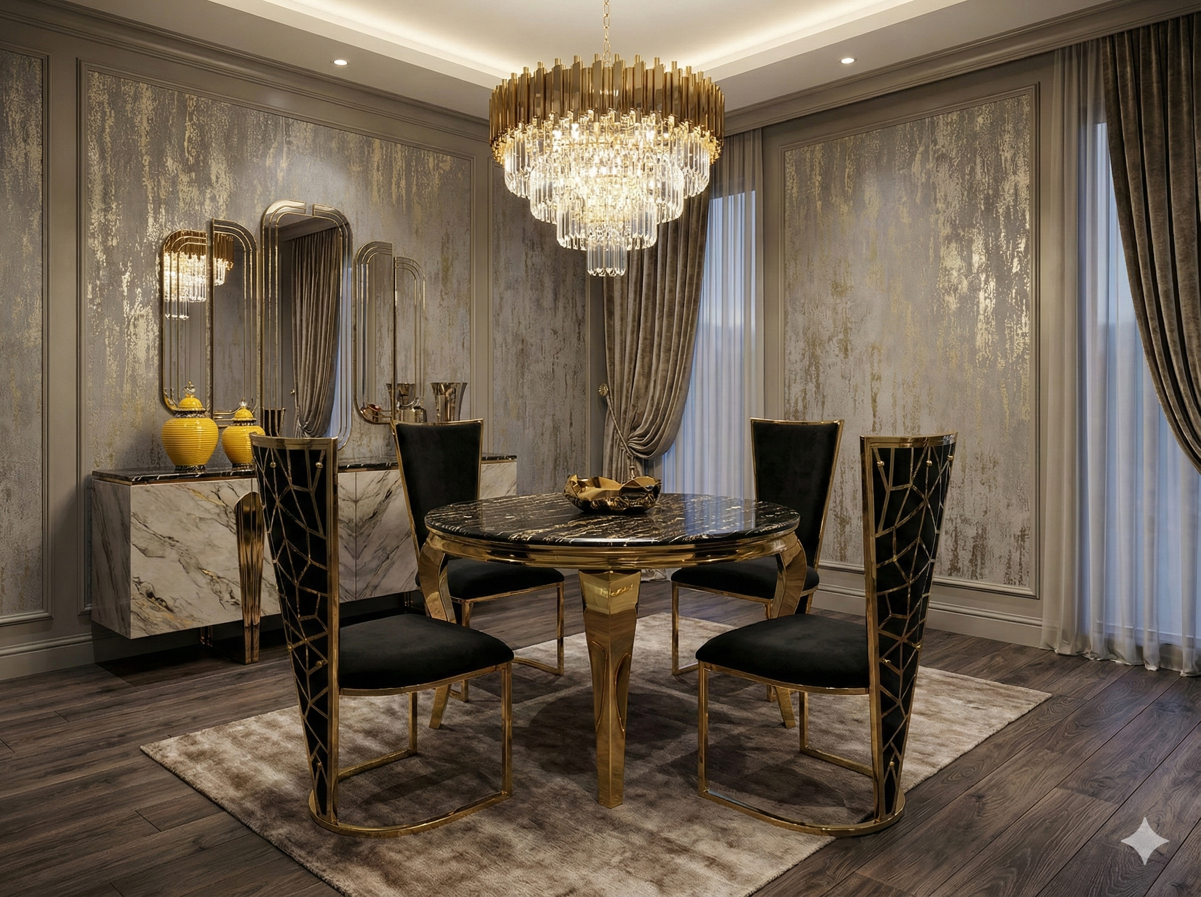 Sofia Cream Gold Marble Dining Table Set with Vienna Chairs