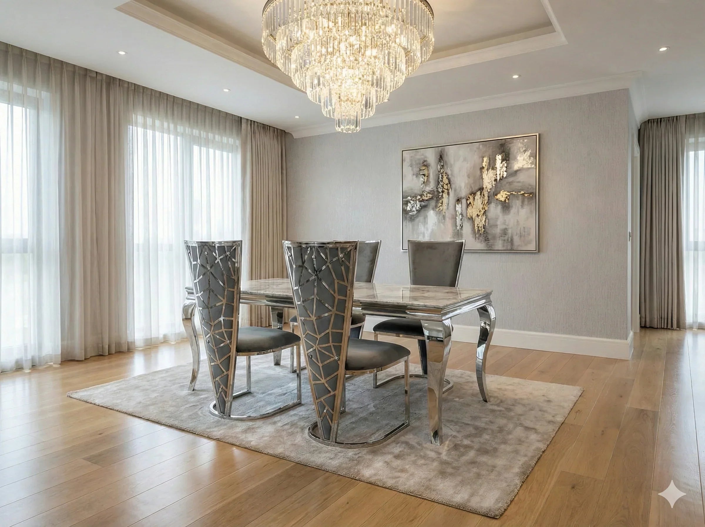 Louis Marble & Chrome Dining Table With Florence Grey High Back Velvet Chairs