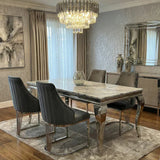 Louis Marble & Chrome Dining Table With Brompton Grey Velvet Chairs
