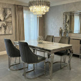 Louis Marble & Chrome Dining Table With Brompton Grey Velvet Chairs