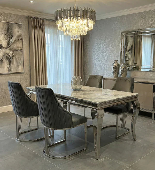 Louis Marble & Chrome Dining Table With Brompton Grey Velvet Chairs