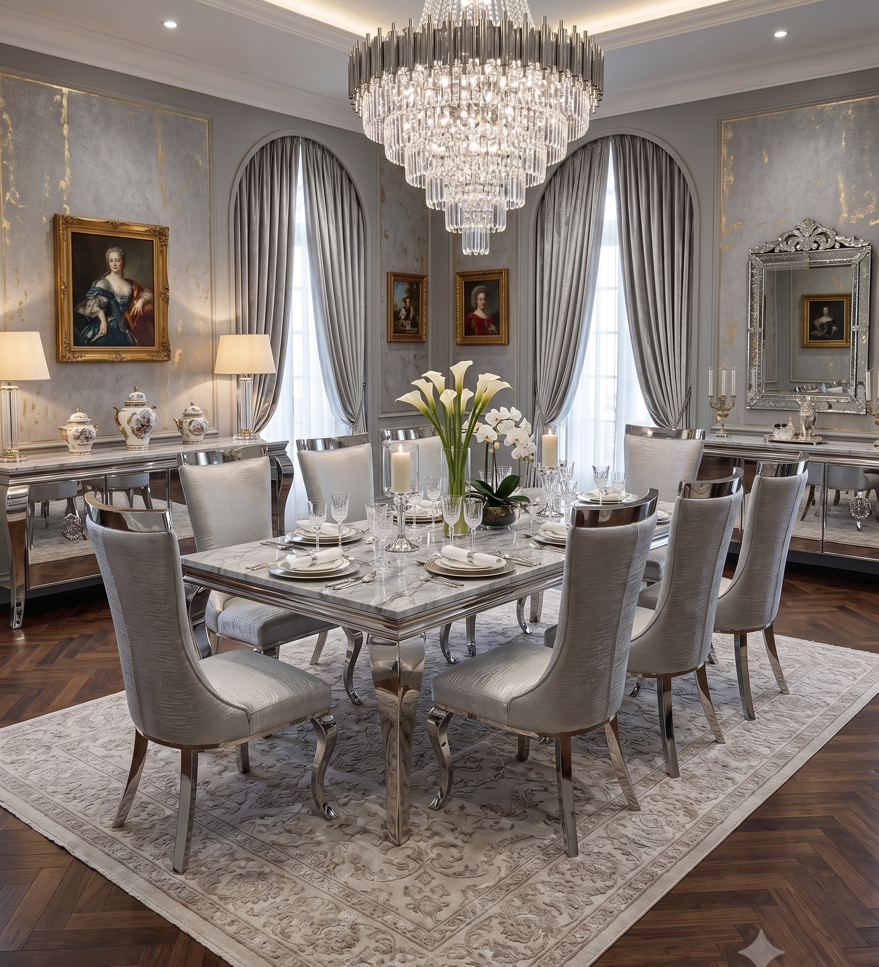 Sofia Grey Marble Dining Table with Rocky Grey Chairs