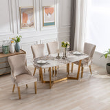 Lucien 150cm Gold Oval Dining Table with Pandora Gold Ceramic Marble Top + Cream/Gold  Ring Knocker Velvet Chairs