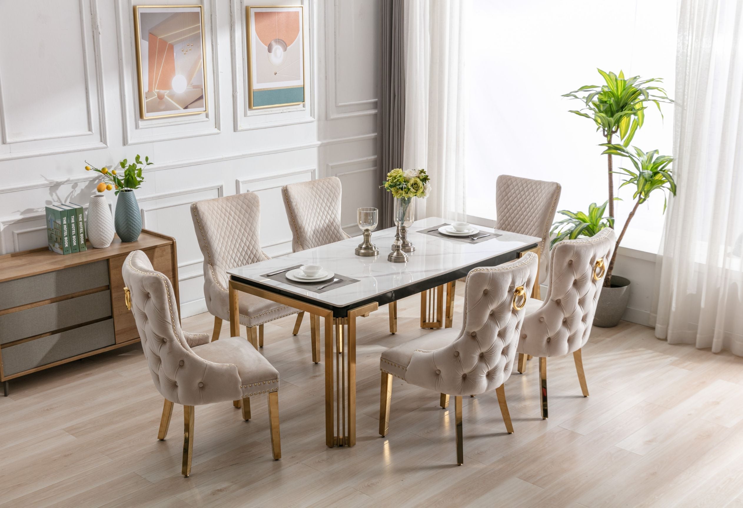 Sorrento 150cm Gold Dining Table with White Ceramic Marble Top + Cream/Gold  Ring Knocker Velvet Chairs