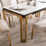 Sorrento 150cm Gold Dining Table with White Ceramic Marble Top + Cream/Gold Lion Knocker Velvet Chairs