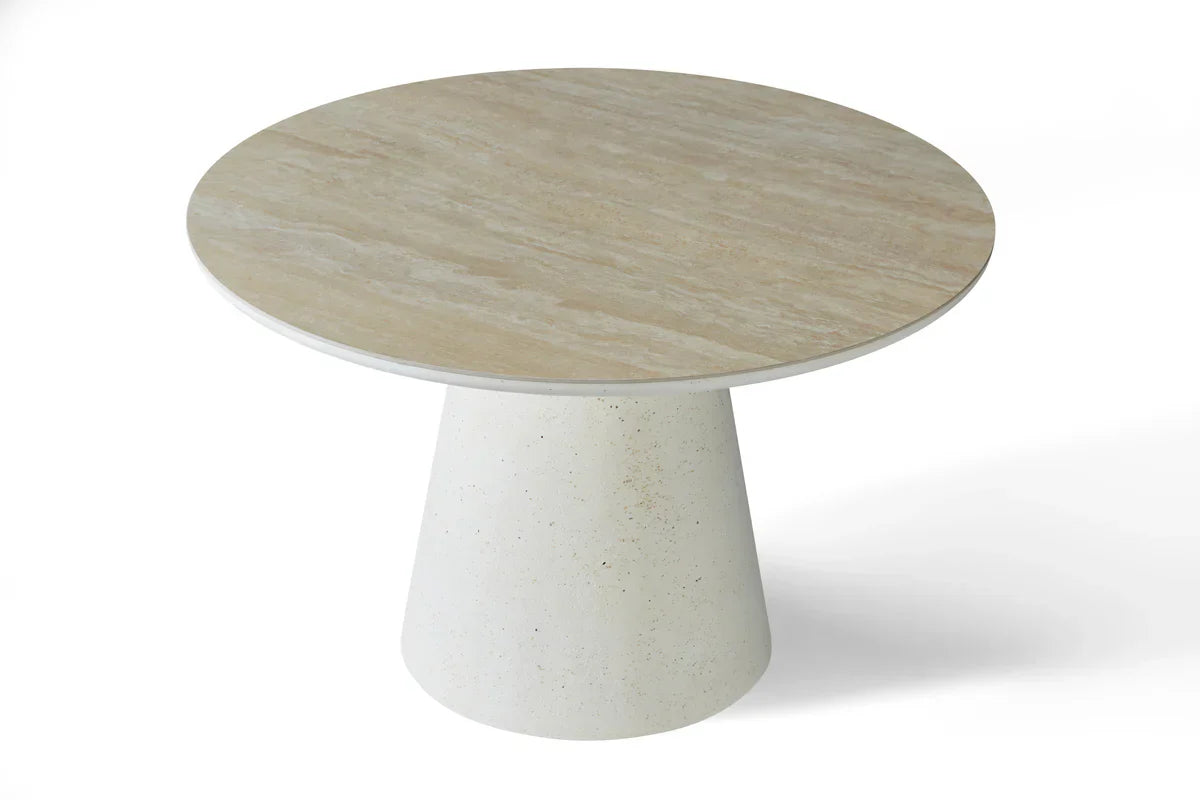 Stratos 120cm Round Ivory & Travertine Ceramic Marble Dining Table