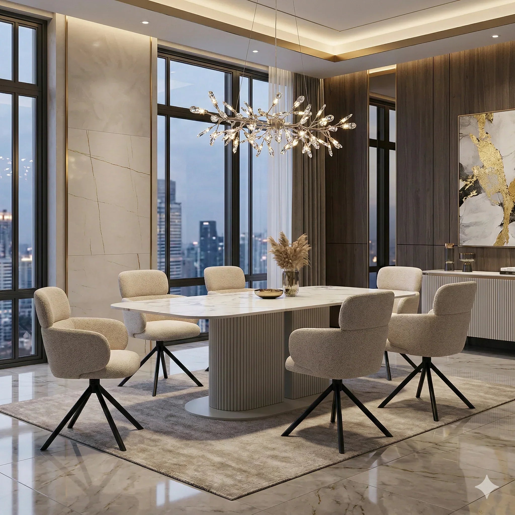 Sydney 160cm Cream Gold Ceramic Marble Dining Table With Tuscan Beige 360 Swivel Velvet Dining Chairs