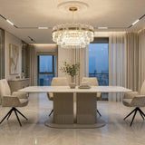 Sydney 160cm Cream Gold Ceramic Marble Dining Table With Fairmont Beige 360 Swivel Velvet Dining Chairs