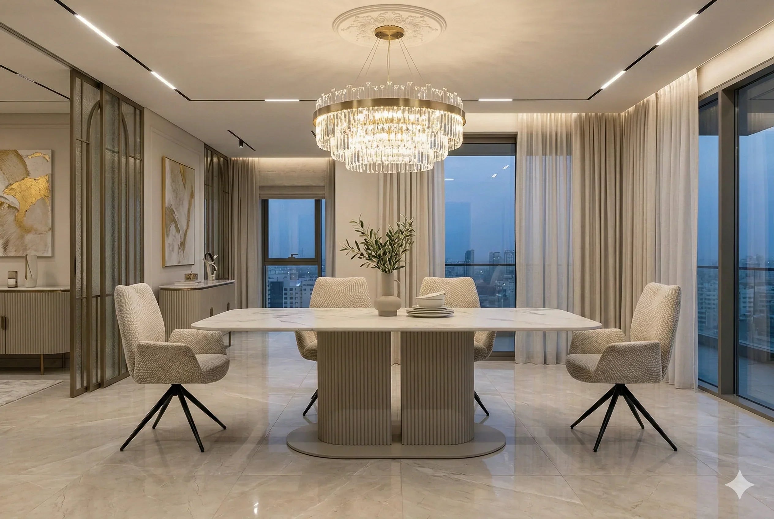 Sydney 160cm Cream Gold Ceramic Marble Dining Table With Fairmont Beige 360 Swivel Velvet Dining Chairs