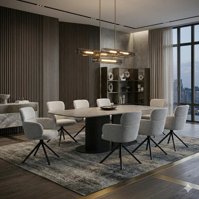 Sydney 160cm Grey Ceramic Marble Dining Table With Tuscan Grey Velvet 360 Swivel Dining Chairs
