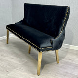 Valentino Gold Lion Knocker Quilted Tufted Black Plush Velvet 160cm Dining Bench