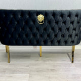 Valentino Gold Lion Knocker Quilted Tufted Black Plush Velvet 160cm Dining Bench