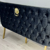 Valentino Gold Lion Knocker Quilted Tufted Black Plush Velvet 160cm Dining Bench