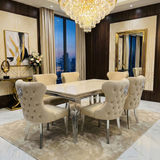 Sofia Cream Marble Dining Table with Valentino Lion Knocker Chairs