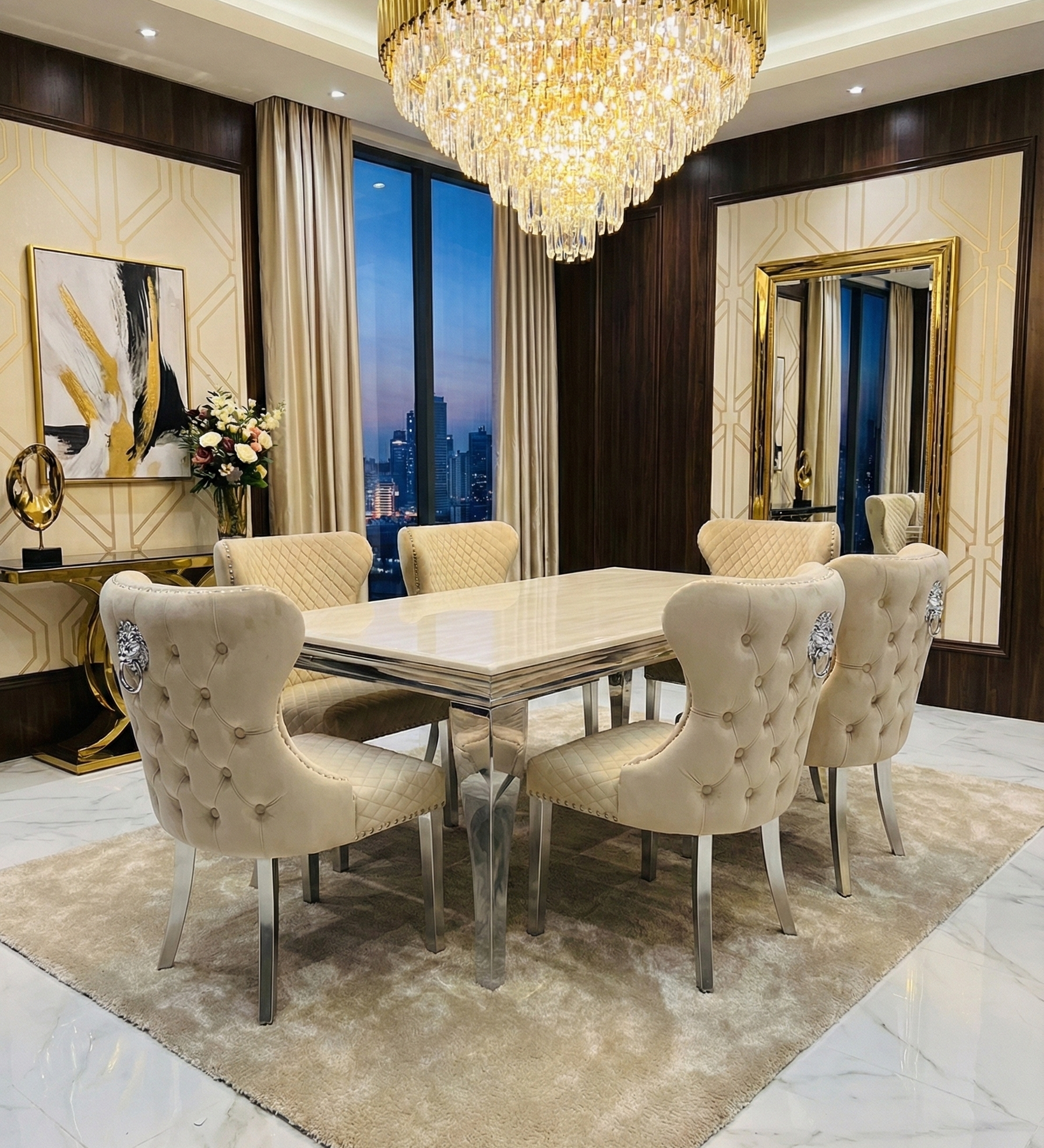 Sofia Grey Marble Dining Table with Valentino Lion Knocker Chairs