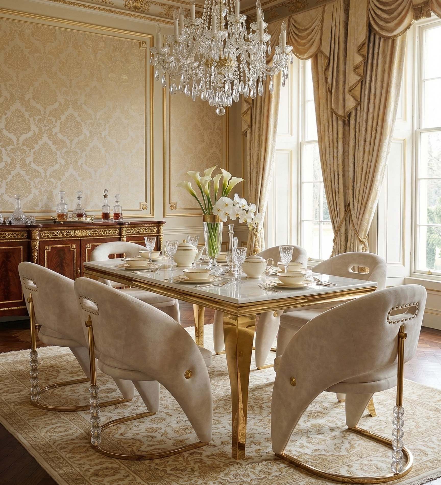 Sofia Cream Gold Marble Dining Table with Vegas Chairs
