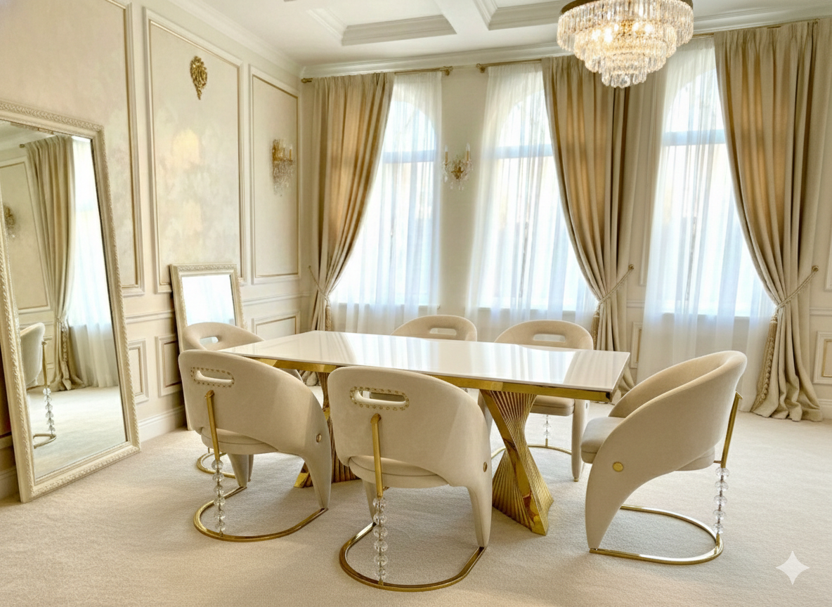 Ravello Gold Marble Dining Table with Vegas Chairs