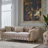 The Sienna Luxury Chesterfield Premium 3 Seater Beige Gold Velvet Sofa