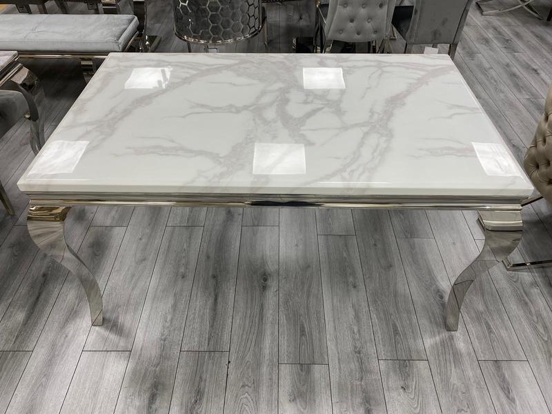 Louis 100cm Square White Marble Dining Table + Lucy Grey Lion Slim Knocker Plush Velvet Chairs-Esme Furnishings