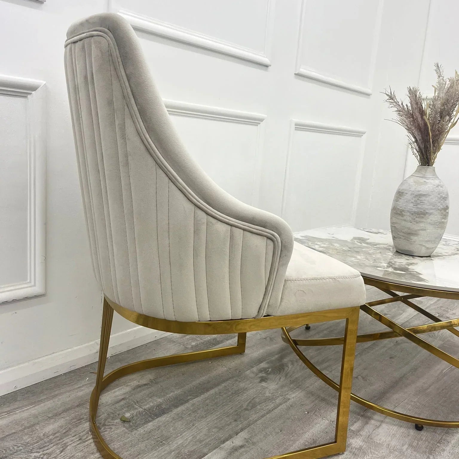 Arianna 180cm Gold Marble Dining Table With Carlton Cream/Gold Velvet Dining Chairs