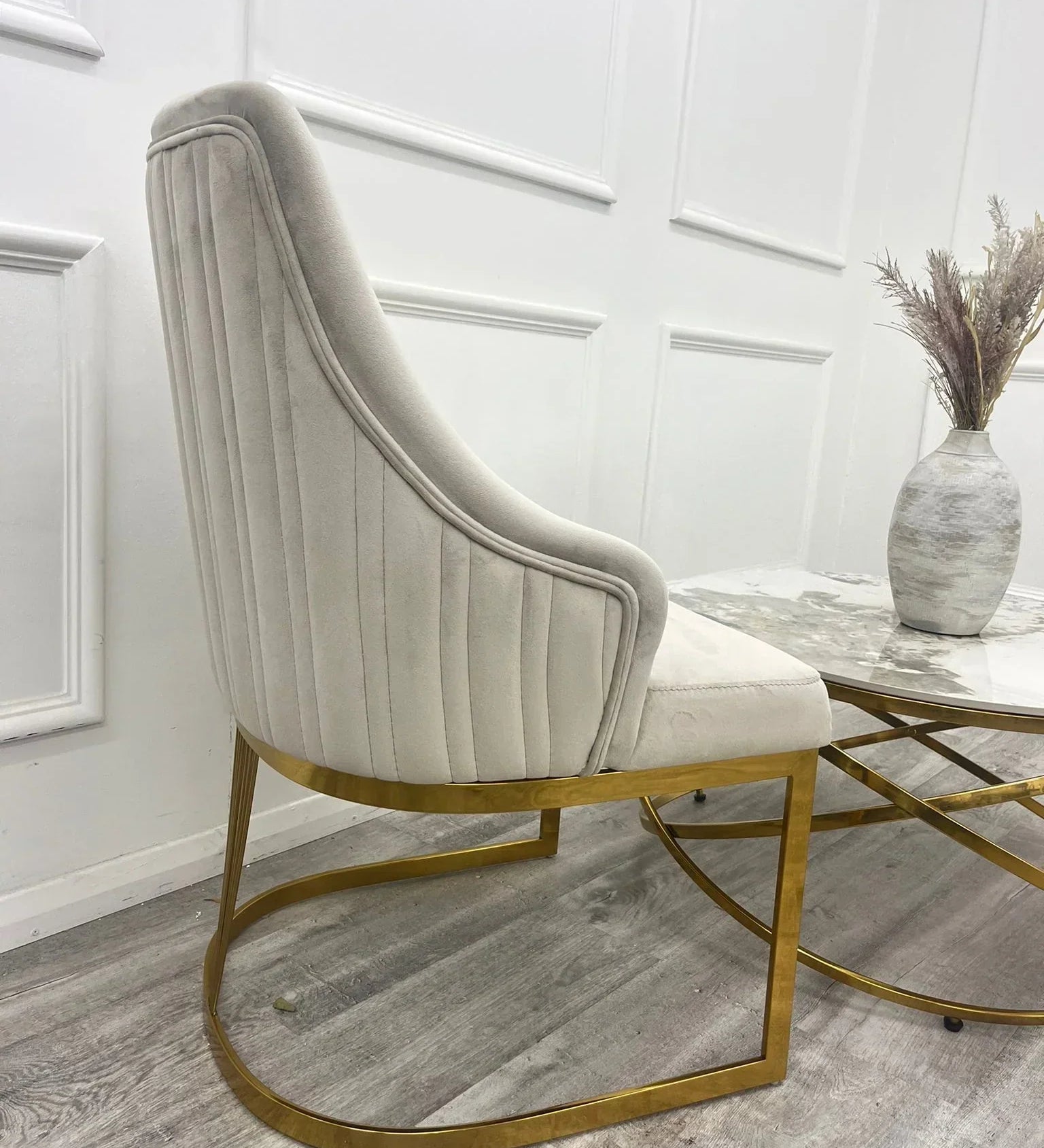 Arianna 180cm Gold Marble Dining Table With Carlton Cream/Gold Velvet Dining Chairs