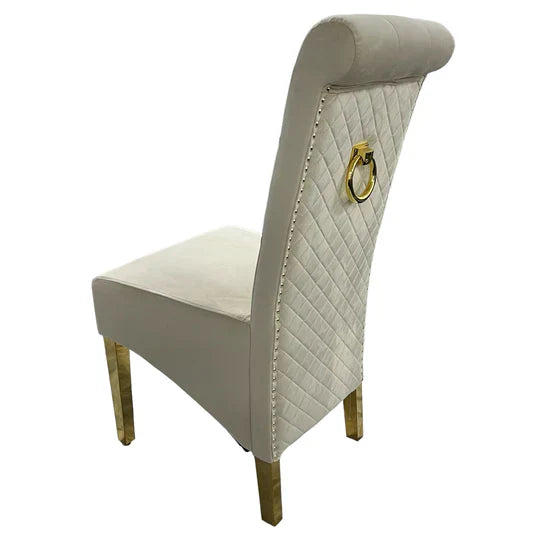 Lucy Gold Ring Knocker Quilted Slim Back Gold Plush Velvet Dining Chair Gold Legs In 3 Colours