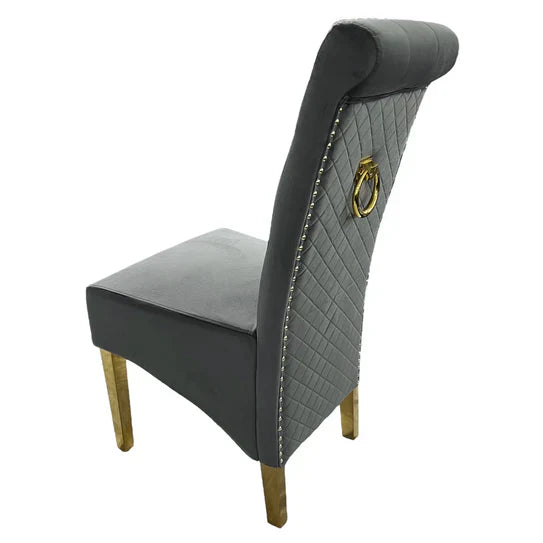 Lucy Gold Ring Knocker Quilted Slim Back Gold Plush Velvet Dining Chair Gold Legs In 3 Colours