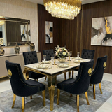 Sofia Cream Gold Marble Dining Table with Majestic Gold Lion Knocker Chair