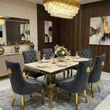 Sofia Cream Gold Marble Dining Table with Majestic Gold Lion Knocker Chair