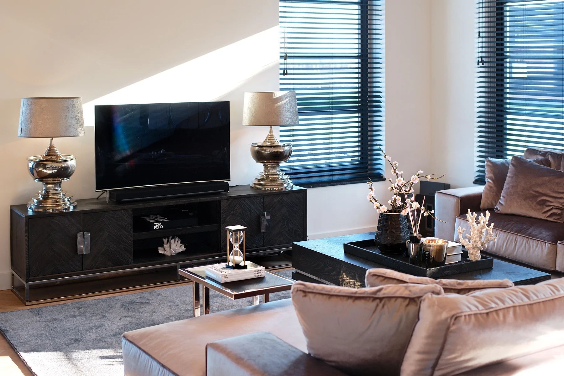 Blackbone Black Oak and Silver 4 Door TV Unit - 220cm-Belmont Interiors