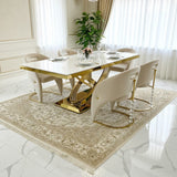 Elina Marble & Gold Dining Table With Vermont Cream Gold Velvet Dining Chairs Crystals