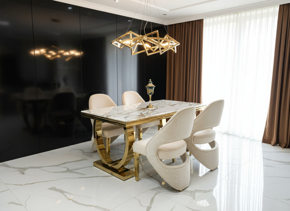 Arianna 160cm Marble & Gold Dining Table With Santos Curve Velvet Chairs Gold Legs