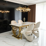 Arianna 160cm Marble & Gold Dining Table With Santos Curve Velvet Chairs Gold Legs