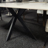 Phoenix 180cm White Ceramic Marble Dining Table With Grey Velvet Black Ring Chairs