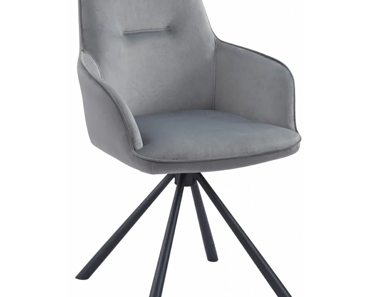 Amalia Light Grey French Velvet Swivel Dining Arm Chair With Matt Black Steel Spider Legs-Esme Furnishings