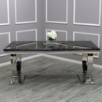 Arianna 200cm Black Marble Dining Table + Lucy Black Lion Slim Knocker Plush Velvet Chairs-Esme Furnishings