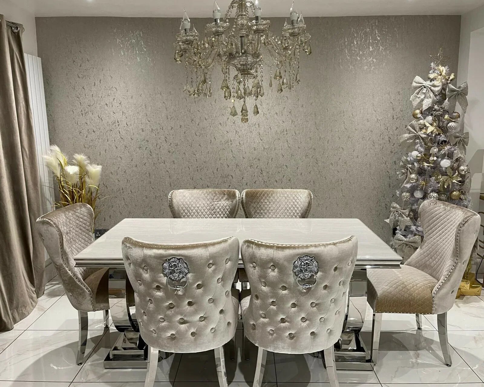Arianna Pandora Marble & Chrome Dining Table With Valente Lion Knocker Chairs