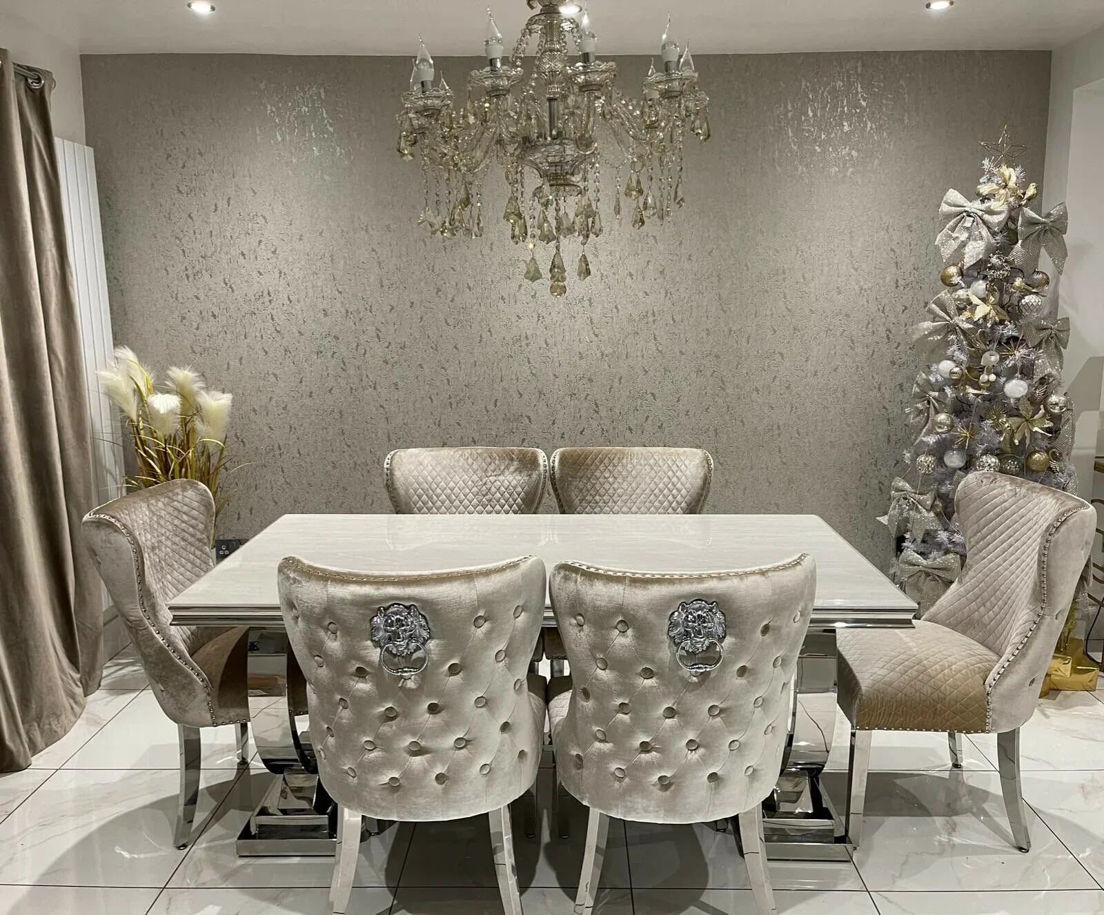 Arianna Pandora Marble & Chrome Dining Table With Valente Lion Knocker Chairs