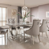 Arianna Marble & Chrome Dining Table With Shimmer Chrome Ring Knocker Chairs