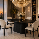 Bianca 200cm Oval Black Ceramic Marble Dining Table With Sorrento Black & Cream Fabric Chairs