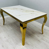 Louis Gold Cream Marble Dining Table With Shimmer Gold Lion Knocker Dining Chairs