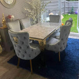Louis Grey Gold Marble Dining Table With Victoria Shimmer Velvet Lion Knocker Velvet Chairs