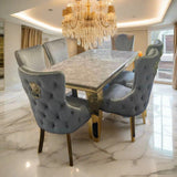 Louis Grey Gold Marble Dining Table With Victoria Shimmer Velvet Lion Knocker Velvet Chairs