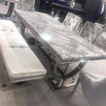 Arianna 200cm Grey Marble Dining Table + 4 Belle Velvet Dining Chairs + Bench-Esme Furnishings