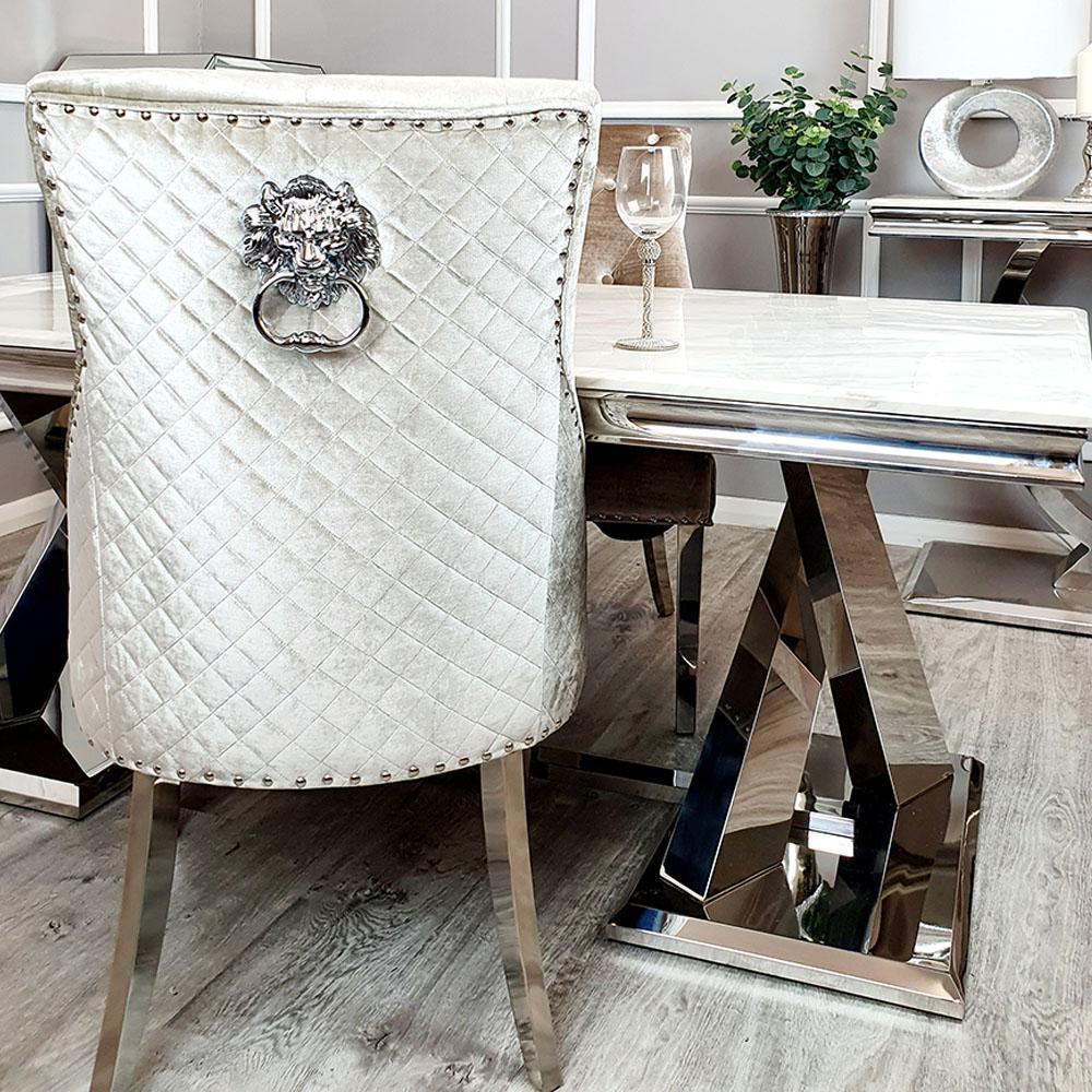 Belle Champagne Mink Velvet Fabric Lion Knocker Quilted Back Dining Chair-Esme Furnishings