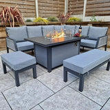 Boxley Outdoor Corner Grey Garden Sofa Set with Gas Fire Pit Table Powder Coat
