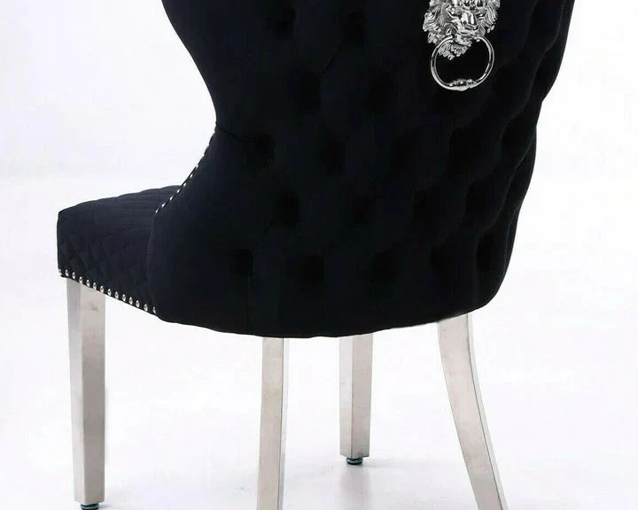 Arial Marble & Chrome Dining Table With Valentino Lion Knocker Velvet Chairs